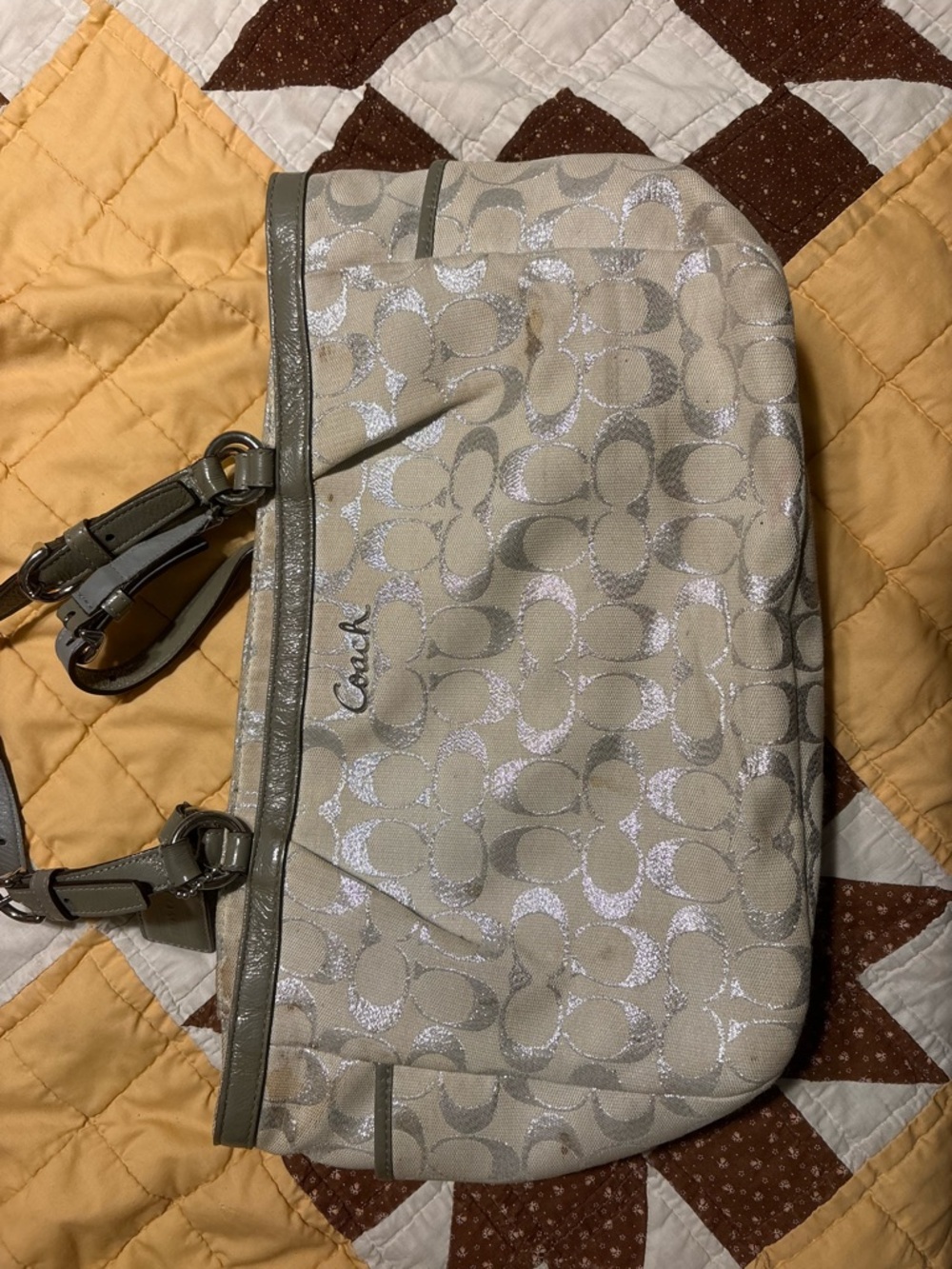 Coach Metallic Beige Signature Crossbody with Taupe Trim